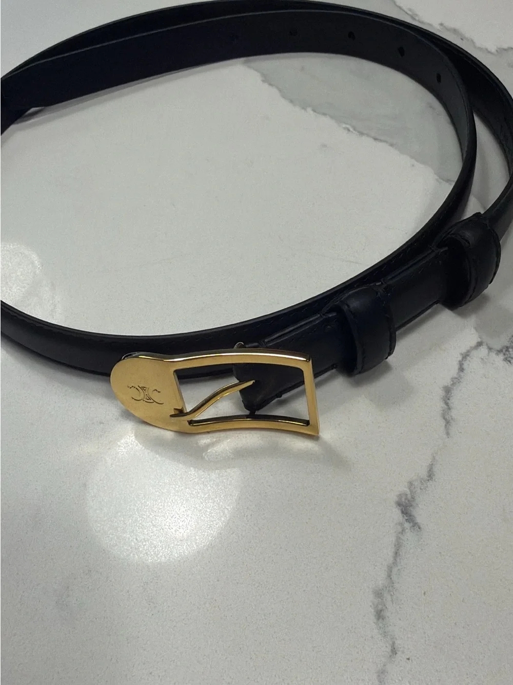 Celine Black Leather Belt with Gold Buckle and Logo